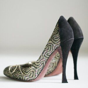 Nina Ricci High-Heel Glitter Black  Suede Pumps